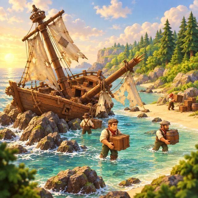 Das gestrandete Schiff vor einer grünen Insel